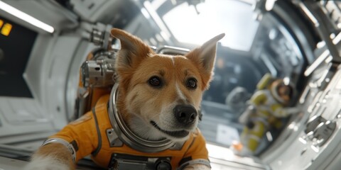 space dog, a determined dog, in a space suit, floats inside a futuristic space station, with high-tech equipment and space in the background