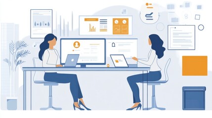 Businesswoman interacting with an AI-driven compliance assistant, modern workspace with digital compliance icons