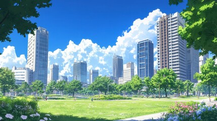 Obraz premium Vibrant Cityscape With Lush Green Park And Tall Modern Buildings Under Blue Sky And Clouds. With