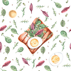 Seamless pattern with toast and boiled egg on white background. Watercolor illustration on breakfast theme in realistic style for restaurant menu design, interior decoration and wrapping paper