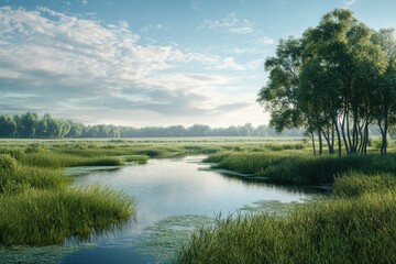 Obraz premium Tranquil river landscape with lush greenery under a clear blue sky during daytime