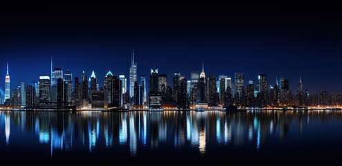 Fototapeta premium Big City skyline at night with dark blue river on the bottom