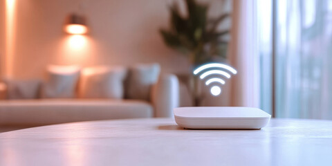 Close-up of a Wifi technology Wifi router on a living room table with a holographic WiFi sign and with an antenna. High speed home internet concept.