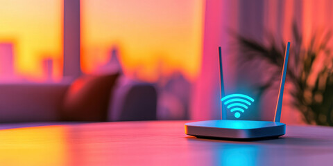 Close-up of Wifi technology Wifi router on living room table with holographic WiFi sign and with antenna in neon lighting. High speed home internet concept.