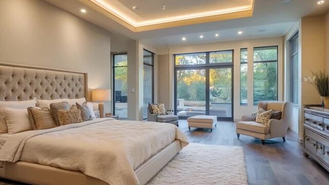 Luxurious master bedroom with patio view, ideal for real estate listings
