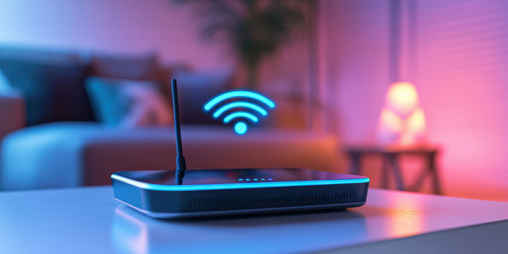 Close-up of Wifi technology Wifi router on living room table with holographic WiFi sign and with antenna in neon lighting. High speed home internet concept.