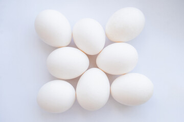eight white chicken eggs on a white background