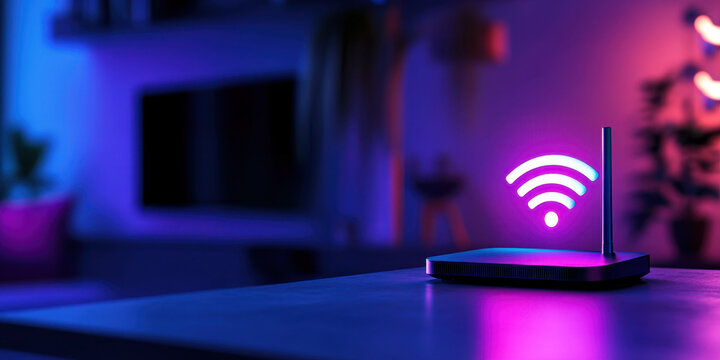 Close-up of Wifi technology Wifi router on living room table with holographic WiFi sign and with antenna in neon lighting. High speed home internet concept.