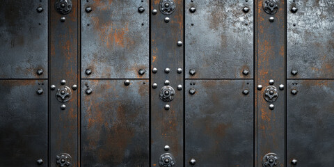 Aged industrial metal door background with heavy rivets and mechanical locks.