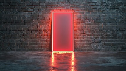 Glowing Red Neon Frame Against Dark Brick Wall Background with Copy Space