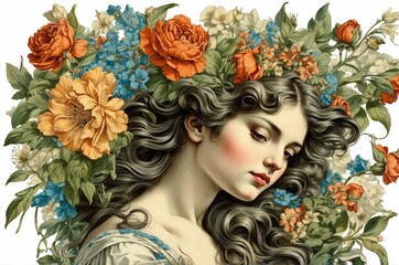 Vintage retro antique angel portrait illustration with colorful botanical flowers on isolated white background, people, culture and religion theme concept texture design.