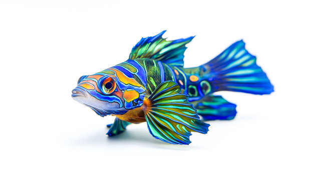 Tropical fish. Vibrant mandarinfish with electric blue, green, and orange patterns on white background. Marine life concept, perfect for ocean-themed designs, aquariums, and tropical underwater life