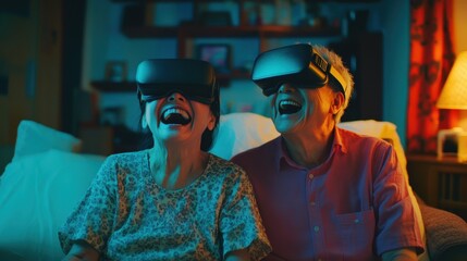 Elderly Asian couple playing a virtual reality (VR) game together, laughing and having fun, breaking stereotypes about technology and seniors