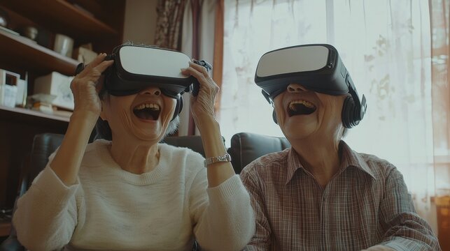 Elderly Asian couple playing a virtual reality (VR) game together, laughing and having fun, breaking stereotypes about technology and seniors
