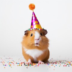 Adorable Guinea Pig Birthday Celebration with Party Hat and Cake Isolated on White Background