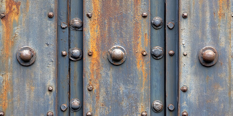 Fototapeta premium Industrial metal sheet background with riveted panels, rugged textures, and worn edges.