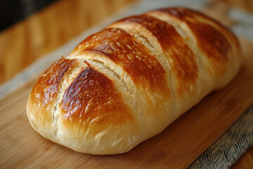 Loaf of bread on wooden cutting board surrounded by scattered crumbs, fresh herbs, and a rustic knife.