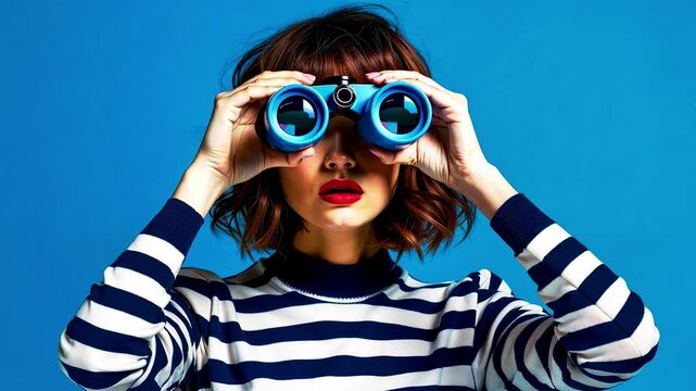 A woman looking through binoculars on a blue background