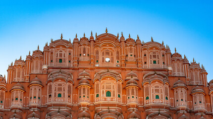 India. Rajasthan. Jaipur (The pink city). Hawa Mahal. (Palace of the Winds). Panoramic view of the...