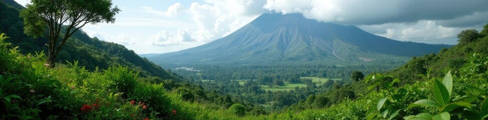 Obraz premium Volcanic landscape with lush greenery and unique wildlife, biodiversity, nature