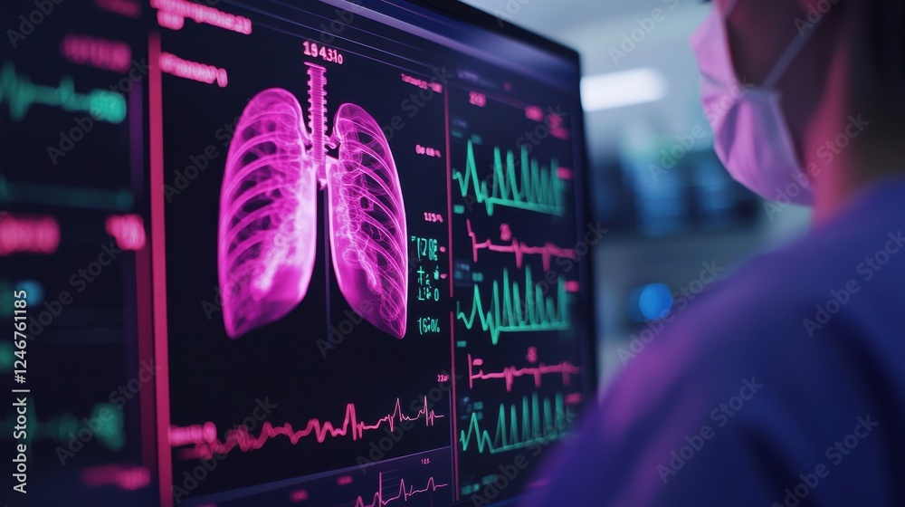Aufkleber Digital Health Concepts. A healthcare professional analyzes digital lung scans and heart rate data on a computer monitor in a clinical setting.