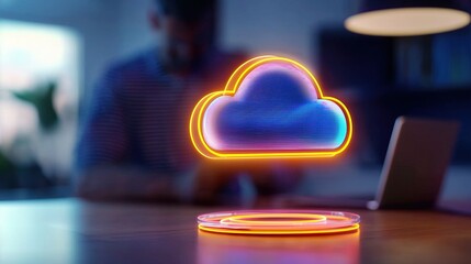 A glowing cloud icon with vibrant colors hovers above a desk, symbolizing digital data storage and technology in a modern workspace.