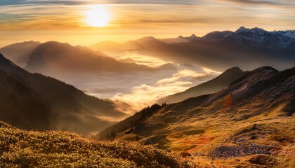 Majestic summer sunrise over misty mountains and valleys in serene landscape