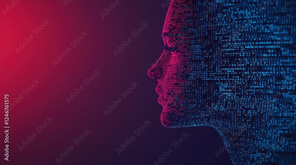 Poster digital health concepts. digital silhouette of a human face composed of binary code, illuminated by 
