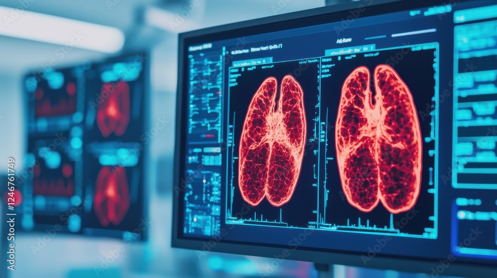 Poster Digital Health Concepts. Detailed medical imaging of lungs displayed on monitors in a modern healthcare setting, showcasing advanced technology and health analysis.