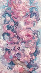 A whimsical character with flowing pink hair and floral elements, surrounded by pastel colors, evokes a dreamy, ethereal atmosphere.