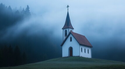 Fototapeta premium Misty landscape featuring a church with a prominent cross amidst ethereal fog and serenity