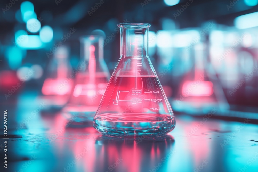 Poster A neon-lit cyberpunk chemistry lab where scientists experiment with glowing liquids in high-tech glassware
