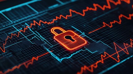 Fototapeta premium Digital Health Concepts. Digital illustration of a padlock symbolizing cybersecurity, featuring vibrant red and blue waveforms in a modern tech design.
