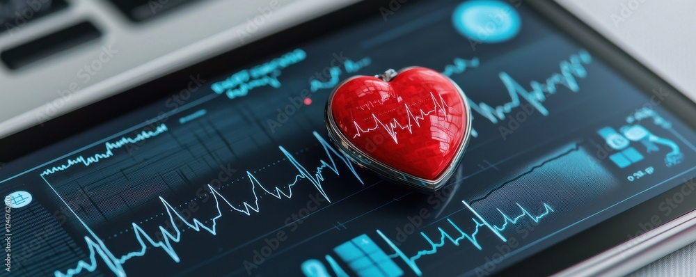 Leinwandbilder digital health concepts. a red heart icon rests on a digital screen displaying a heartbeat monitor, 