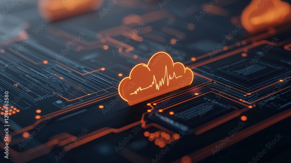 Aufkleber Digital Health Concepts. Digital cloud icon on a futuristic circuit board background, symbolizing technology and data storage innovations.