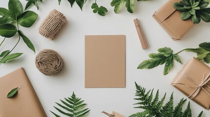 Brown paper sheet with green leaves on a plain white background for creative design and presentation