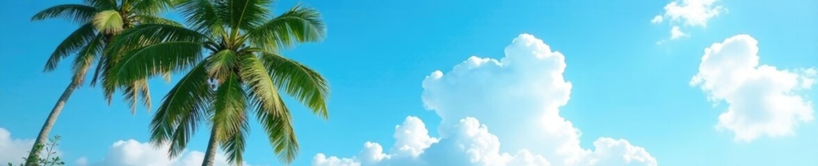 Palm trees against a bright blue sky with white clouds, blue sky white clouds palm tree serene landscape peaceful scene, peaceful