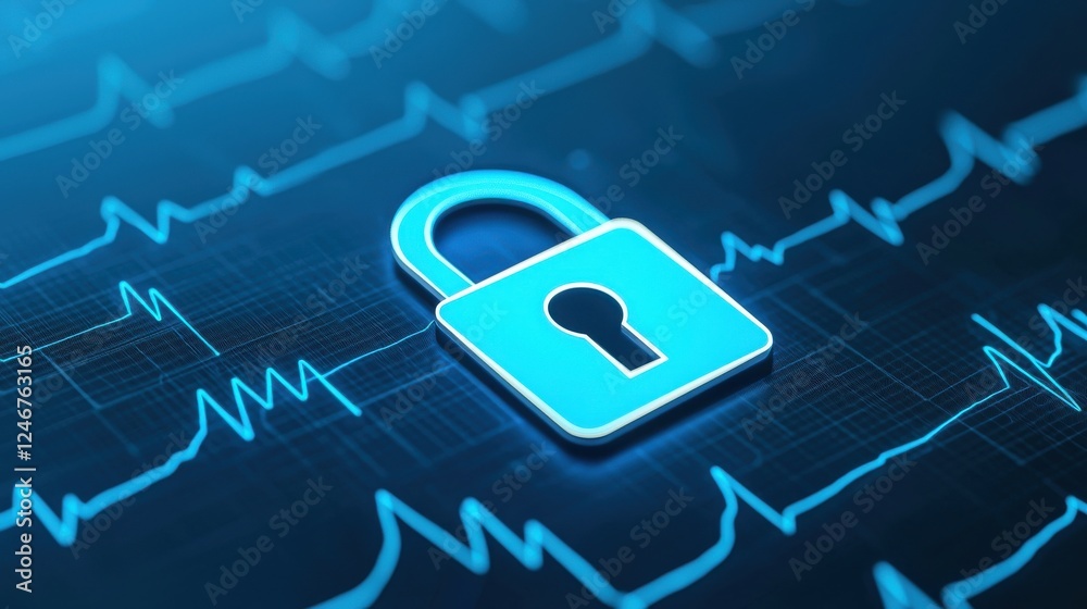 Aufkleber Digital Health Concepts. Digital lock symbol over a heartbeat line, representing security and health technology concepts in a blue color scheme.