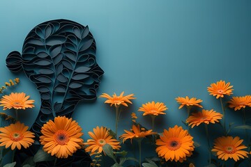 World mental health day concept Paper human head symbol and flowers on blue background