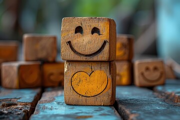 world mental health day concept or feedback rating and positive customer review, wood cube stacking with emotion face icon on blue background