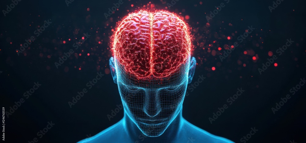 Poster Digital Health Concepts. A digital representation of a human head with a glowing brain, showcasing neural connections and a futuristic aesthetic.