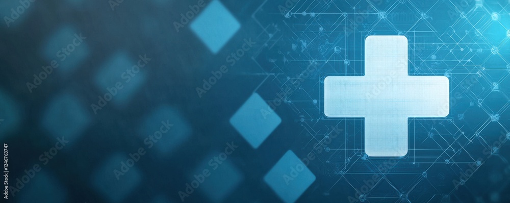 Aufkleber Digital Health Concepts. Digital background featuring a blue medical cross symbol surrounded by abstract geometric shapes and data elements.