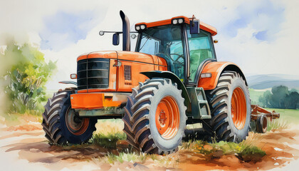 Obraz premium orange tractor watercolor illustration