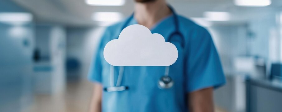 Digital Health Concepts. A healthcare professional in blue scrubs stands in a hospital, with a cloud graphic overlay suggesting digital health solutions.