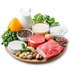 Fresh and Nutritious Food Ingredients Featuring Dairy, Meat, Vegetables, Eggs, Nuts, and Grains on a Wooden Serving Board
