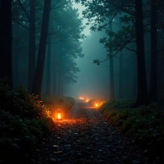 Warm glow from lanterns on a misty forest path, ambiance, forest