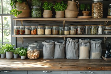 Zero-Waste Lifestyle: An image of a minimalist kitchen with reusable containers, cloth bags, and compost bins, advocating for waste reduction