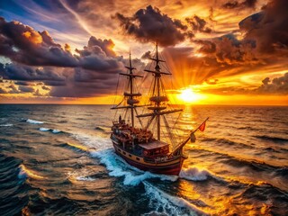 Obraz premium Golden Hour Pirate Ship on Open Ocean: Dramatic Sunset Seascape Stock Photo