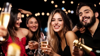 Joyful Celebration with Friends and Sparkling Drinks at Night Party
