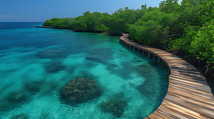 Obraz premium Tropical boardwalk curves over turquoise water, lush foliage backdrop, ideal for travel brochures